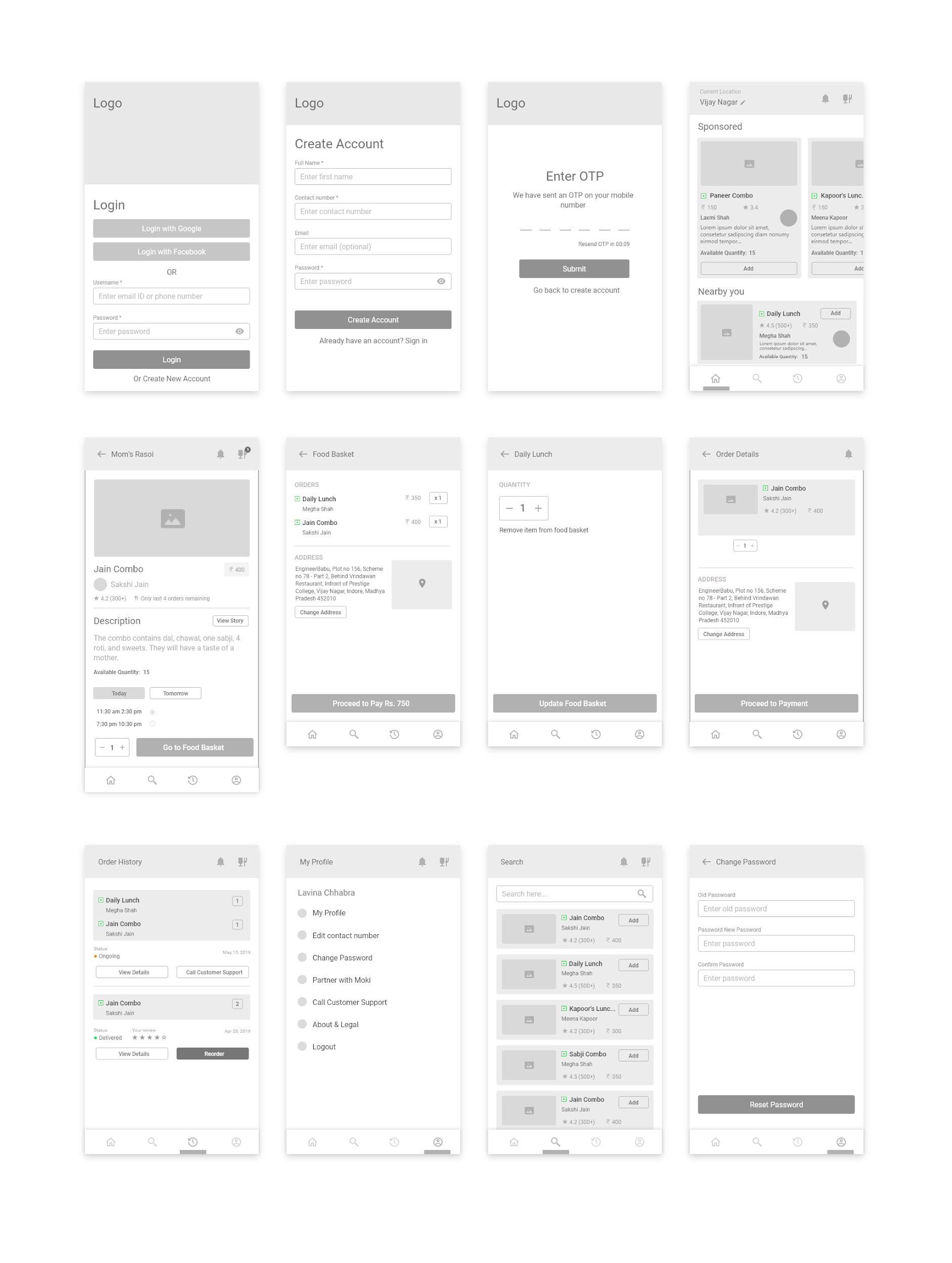 Wireframes for Homemade Food Delivery App