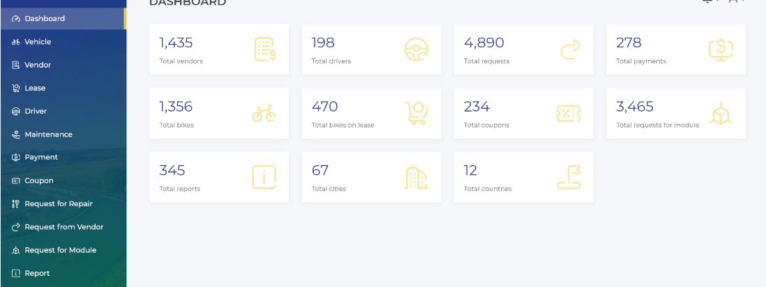 Dashboard of Bike rental management App