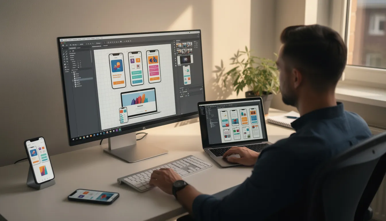 A designer is focused on creating mobile and web interface mockups at a computer workstation, utilizing various design tools to enhance user experience for mobile applications and web apps. The setup reflects a modern development environment, showcasing the importance of responsive web design and user-friendly interfaces for different devices.