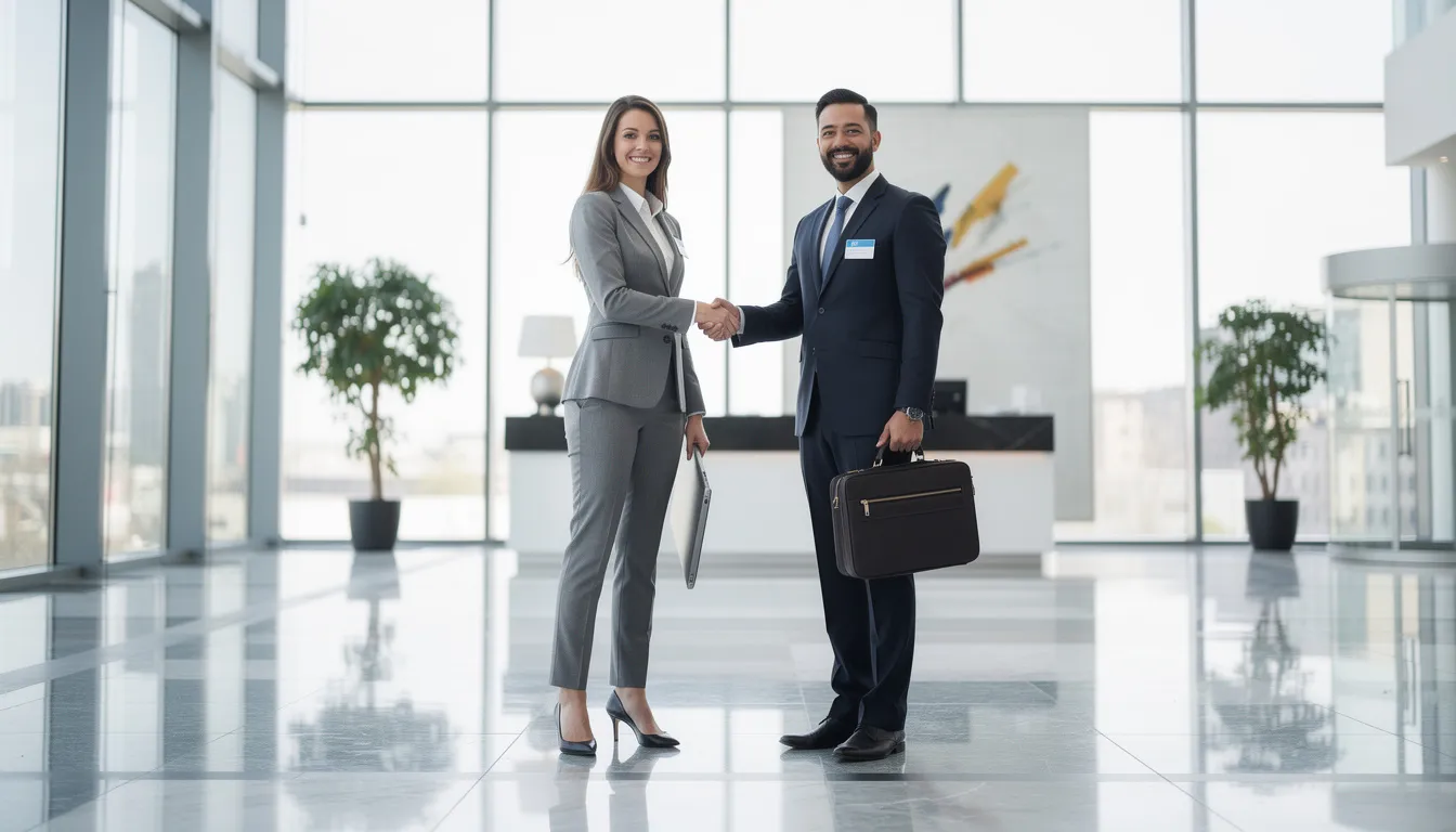 The image features two business professionals shaking hands in a sleek, modern office lobby, symbolizing a successful partnership in the lending business. This moment captures the essence of collaboration in the loan management software development industry, where effective loan management solutions enhance operational efficiency for financial institutions.