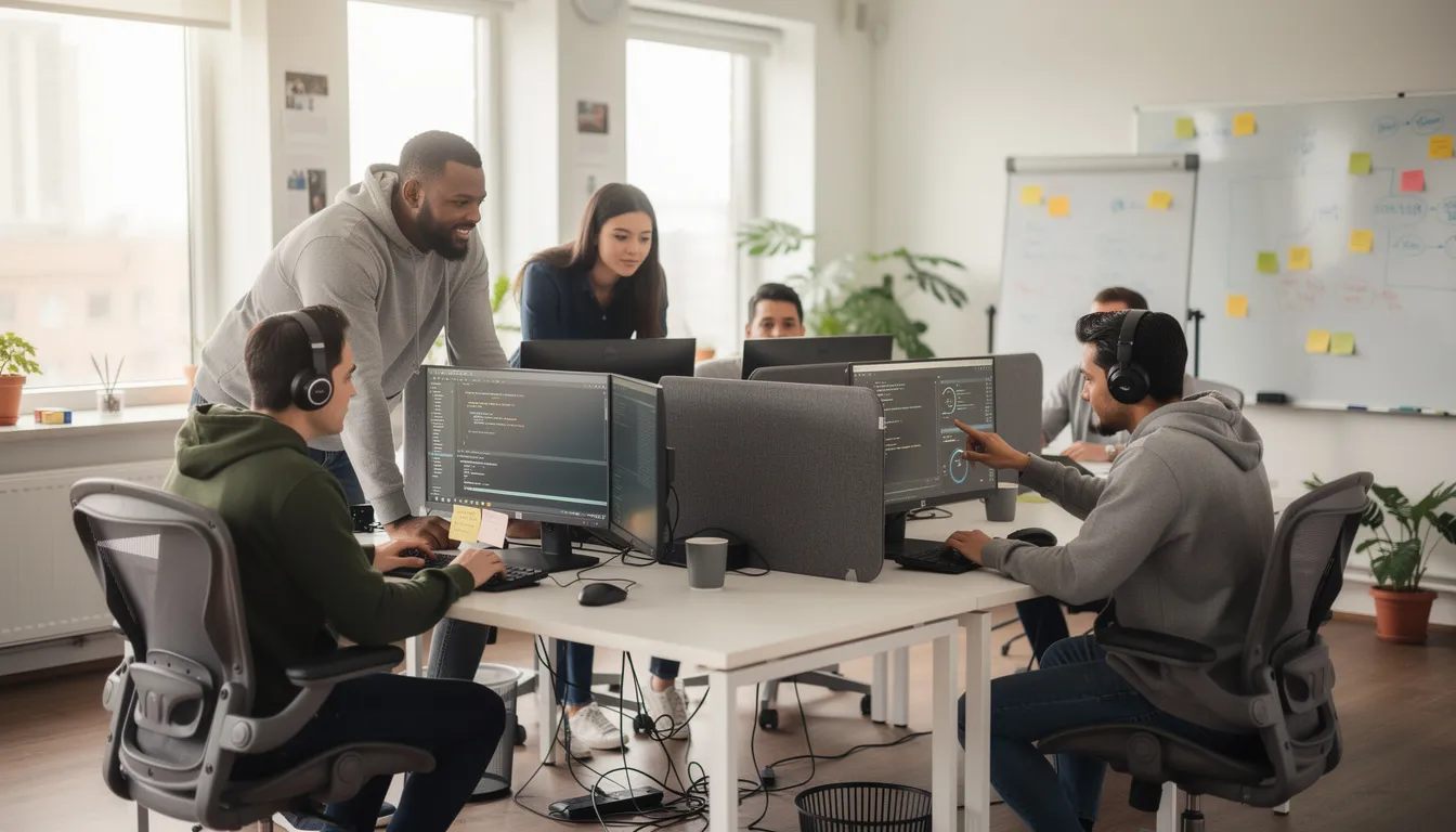 A team of software developers is collaborating at computers in a modern tech office, focused on creating high-quality mobile apps and custom Android applications. The workspace features sleek desks and multiple screens, reflecting a dynamic environment for Android app development and teamwork.