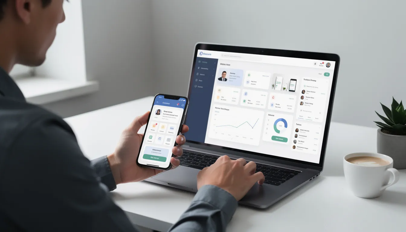 A person is sitting at a laptop while interacting with a smartphone, illustrating the seamless integration of mobile and web applications. This digital product interaction showcases the user-friendly experience of modern apps across different devices.