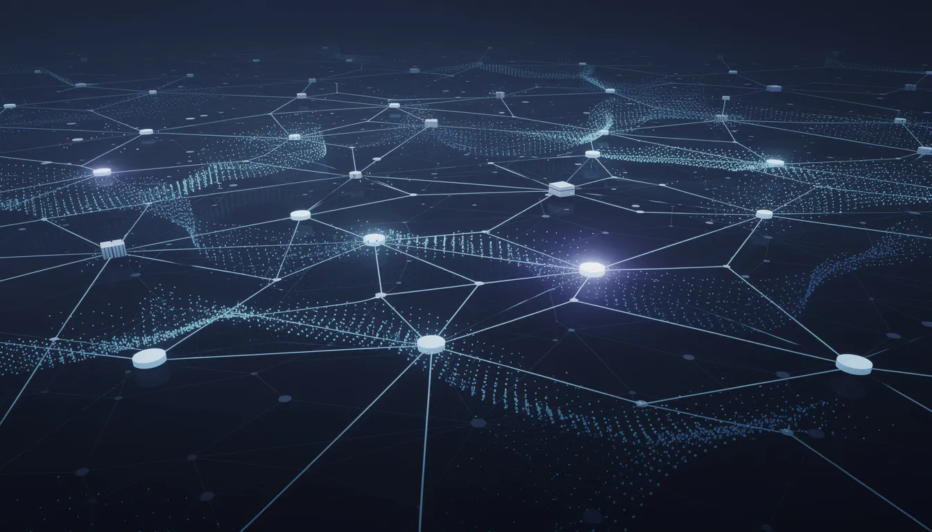 The image features an abstract visualization of interconnected devices and network nodes, predominantly in shades of blue and white, symbolizing the intricate relationships in mobile app development. This representation highlights the technical expertise required by a mobile app development company in Saudi Arabia to create successful mobile applications.