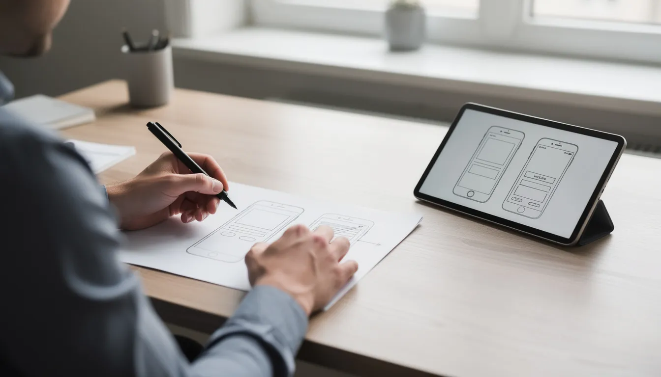 The image shows a designer intently sketching mobile app wireframes on paper, with a tablet placed nearby, indicating a blend of traditional and digital tools in the mobile app development process. This scene reflects the creative phase of an app development project, essential for mobile app development companies aiming to create customized mobile solutions.