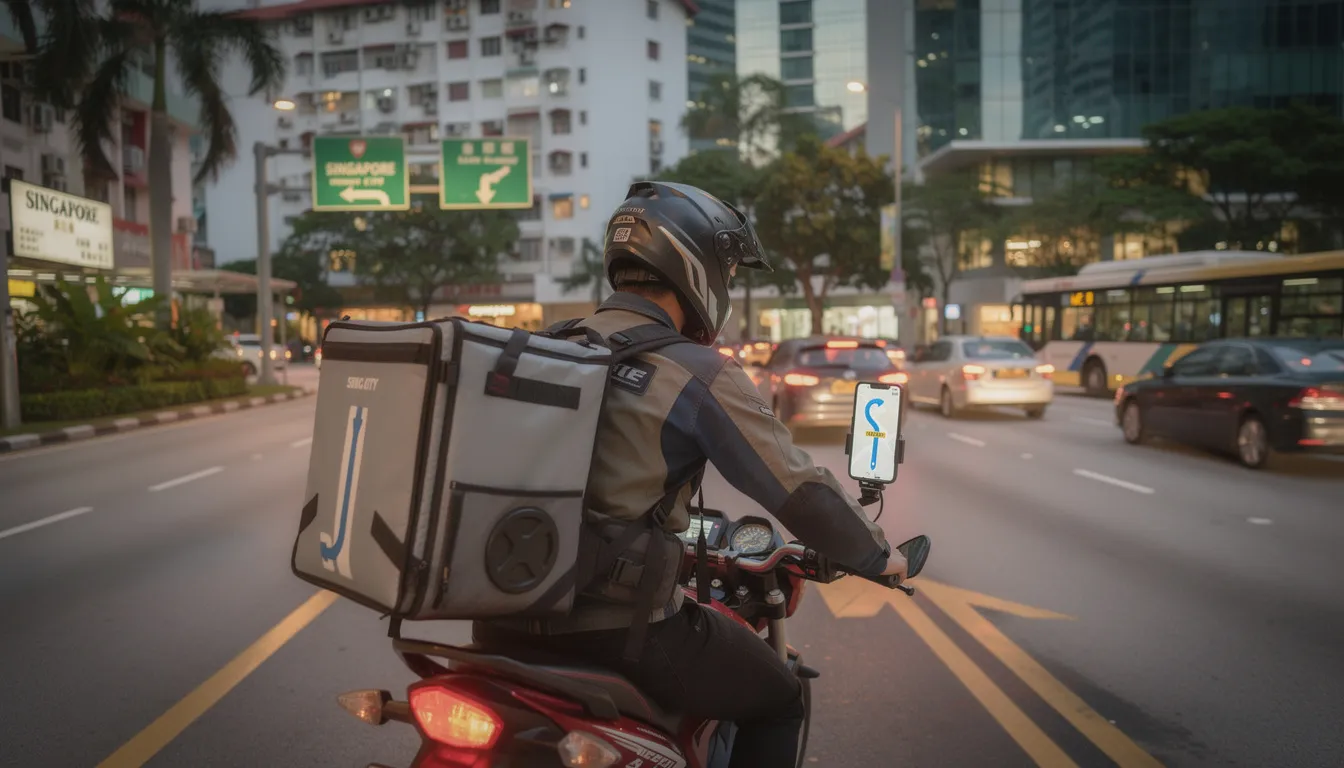 A delivery rider on a motorcycle navigates the bustling streets of Singapore, with a mobile device securely mounted on the handlebars, showcasing the integration of technology and mobility. This scene reflects the innovative solutions offered by mobile app development companies to enhance operational efficiency in urban logistics.