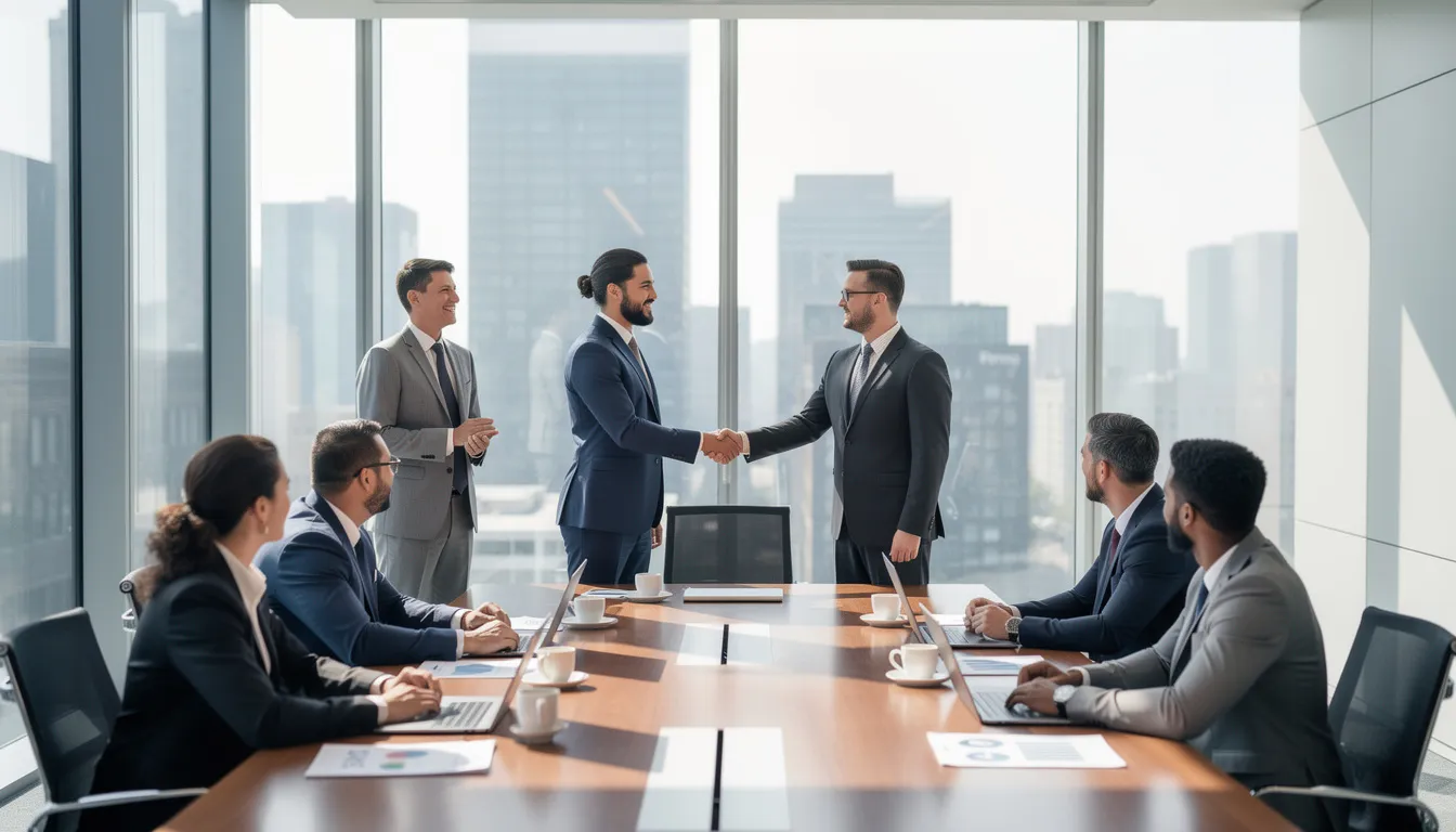 In a modern meeting room, two business professionals are shaking hands, symbolizing collaboration and partnership. This image reflects the importance of teamwork in various sectors, including those involved in AI software development services and innovative AI solutions.