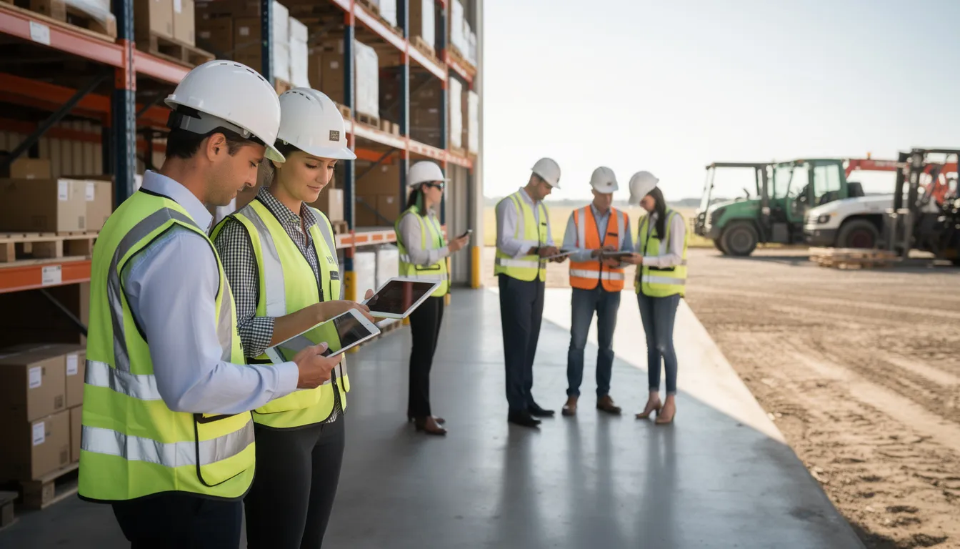 The image shows a group of professionals in a warehouse setting, actively using tablets and smartphones to enhance their workflow. They are engaged in mobile app development services, utilizing mobile devices to improve user engagement and streamline operations.