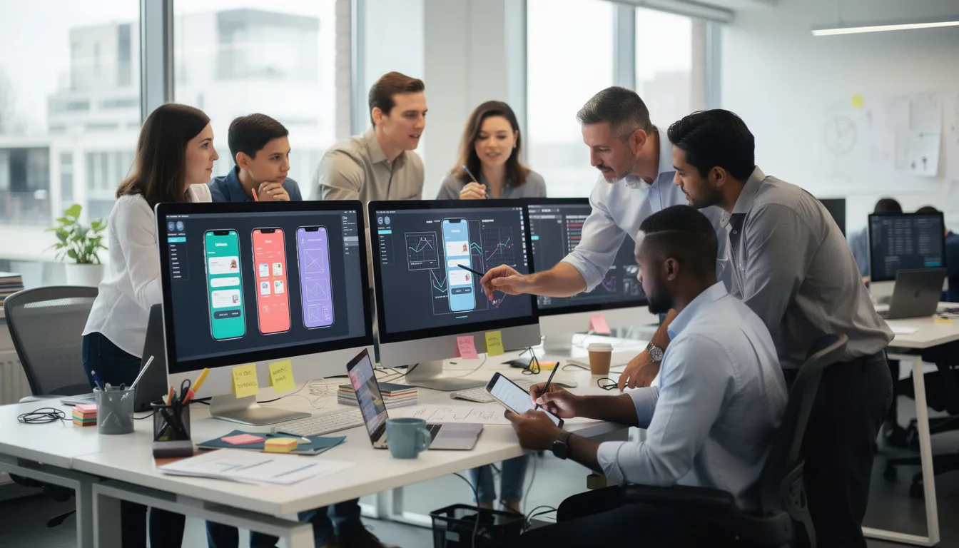 The image depicts a diverse team of mobile app developers and designers collaborating around computer screens that showcase various mobile app interfaces, highlighting the dynamic app development process. This teamwork reflects the innovative digital solutions and custom software development services offered by top mobile app development companies.