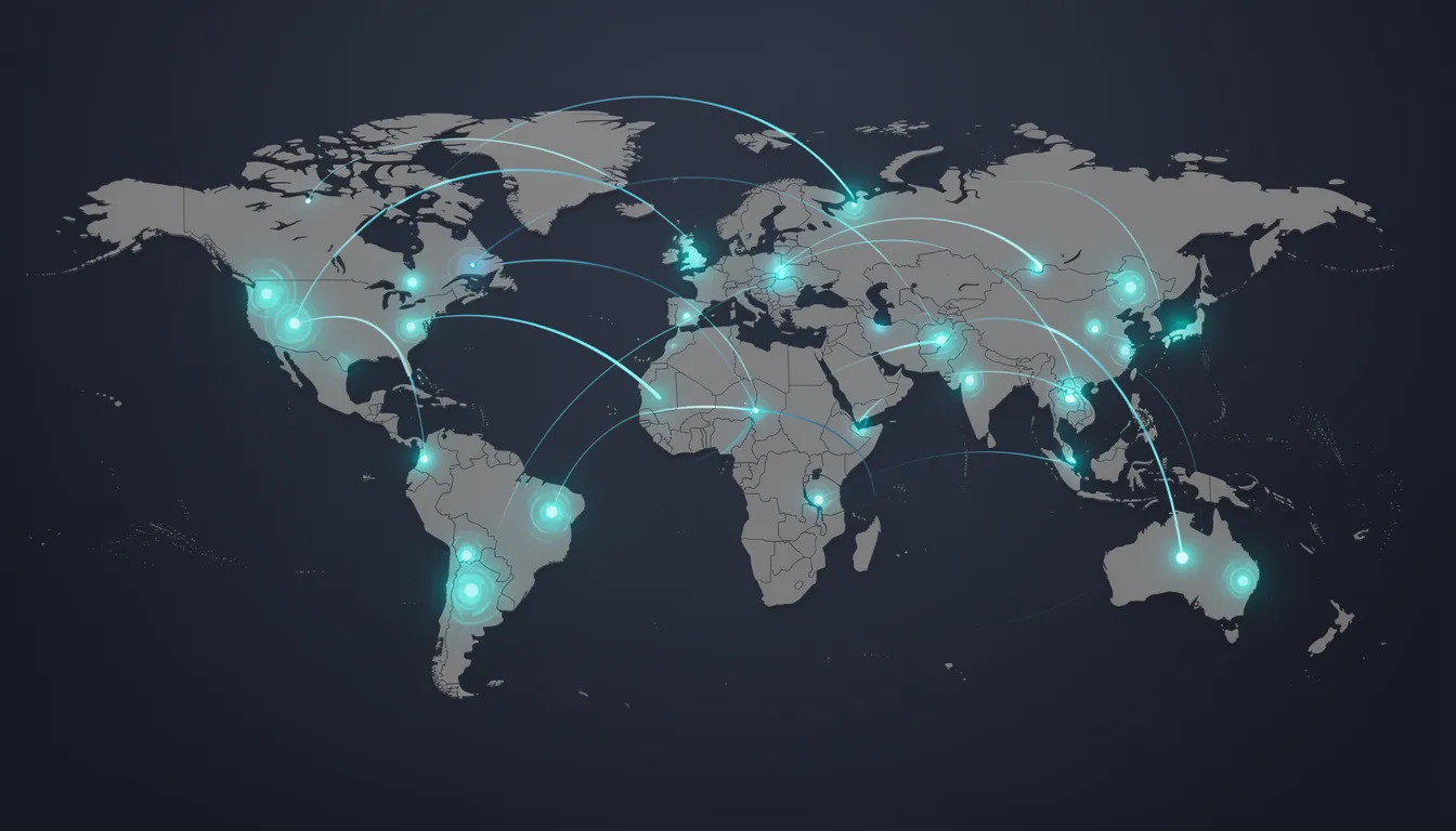 The image features a world map illuminated with glowing connection points, symbolizing collaboration among global development teams in mobile app development. This visual represents the interconnectedness of app developers and companies working on complex projects across various platforms, including iOS and Android.