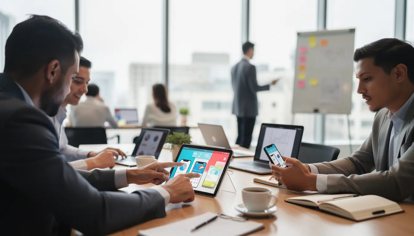 Mobile Software Development Companies 3 A group of professionals is collaborating in a modern workspace, reviewing mobile app interfaces displayed on tablets and smartphones. This scene highlights the mobile app development process as they discuss innovative digital solutions for both iOS and Android platforms.