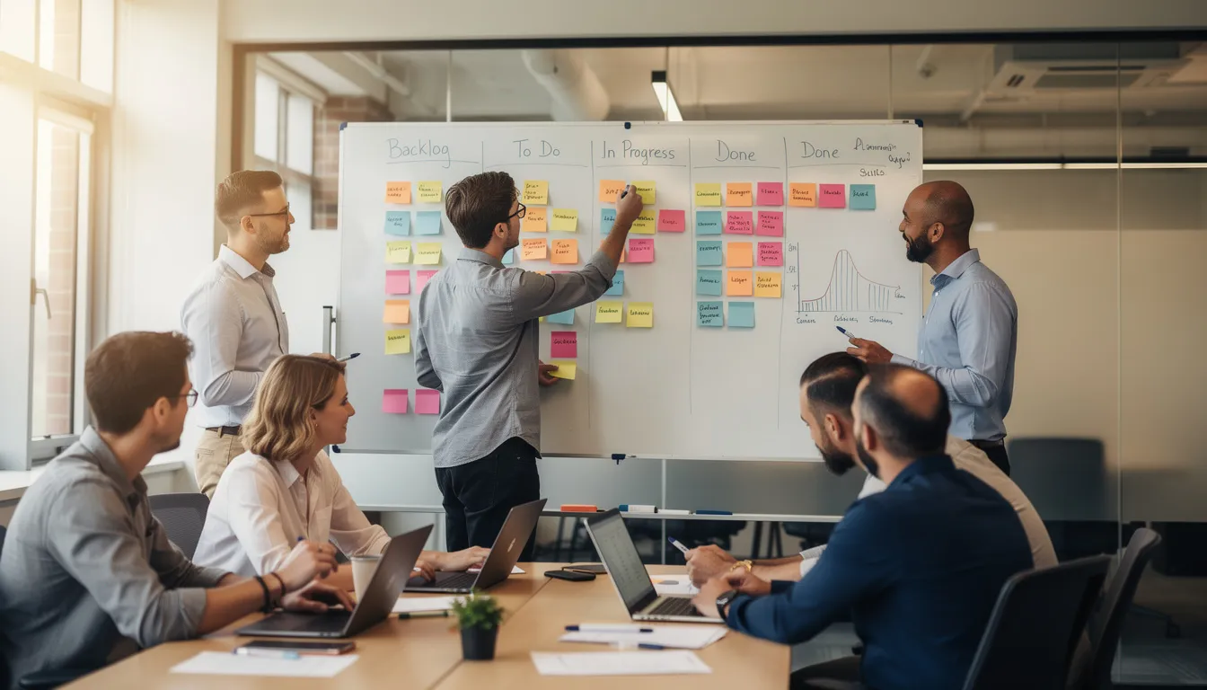An agile development team is engaged in a sprint planning meeting, gathered around a whiteboard filled with notes and diagrams. They are discussing the android app development process to enhance their mobile app's functionality and ensure a user-friendly interface for their target audience.