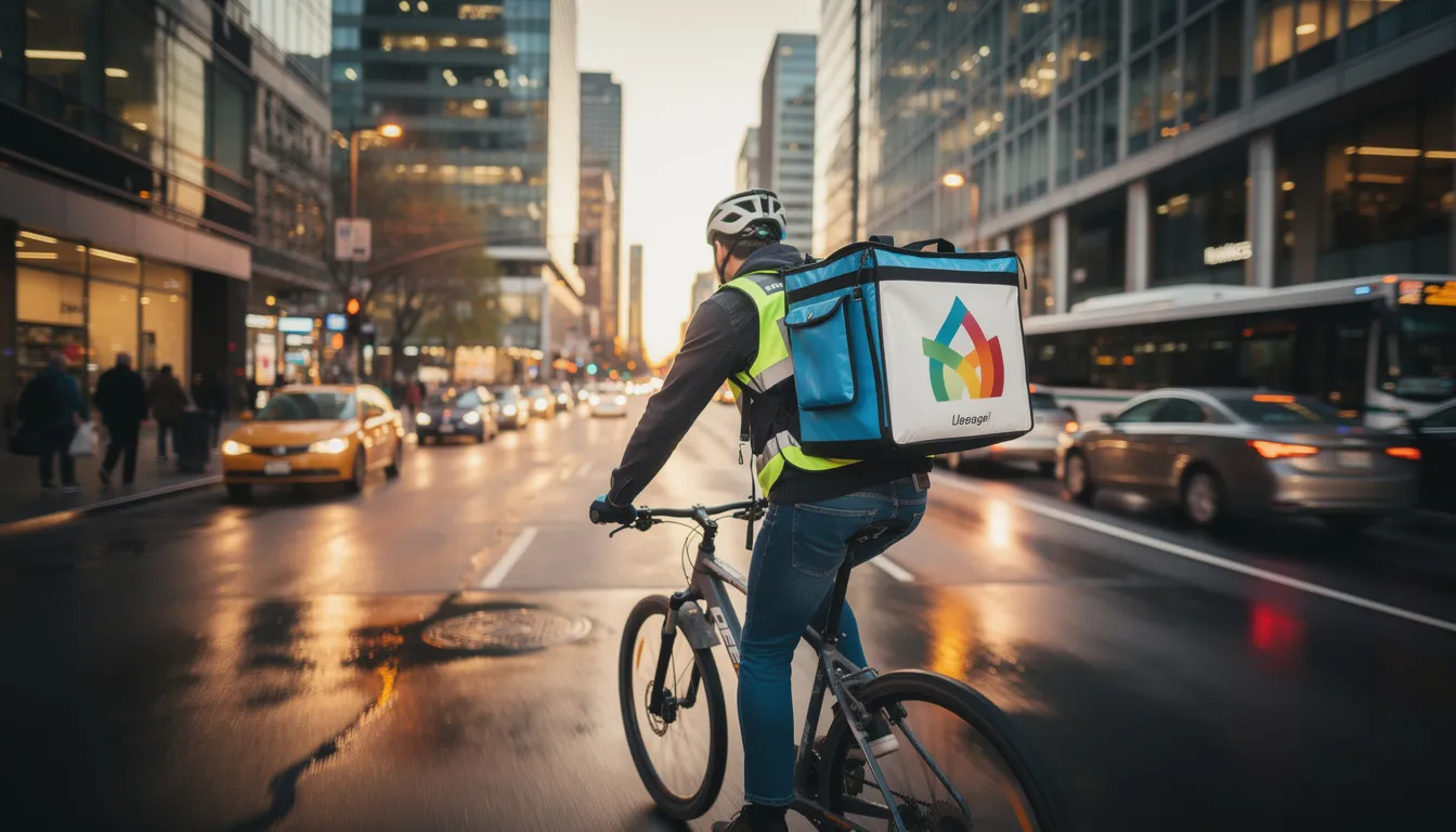 A delivery courier rides a bicycle through a bustling city street, carrying a branded insulated bag filled with food and groceries. This scene highlights the convenience of food delivery services, as the cyclist navigates past local restaurants and busy pedestrians.