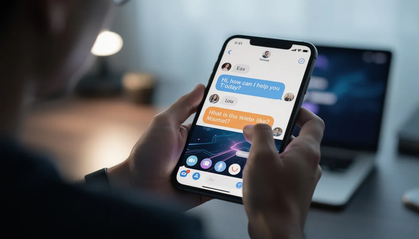 A person is engaged with a chat interface displayed on their smartphone, showcasing a user-friendly interaction with AI-powered technology. This scene highlights the integration of artificial intelligence and natural language processing in everyday communication, reflecting the advancements in AI software development services.