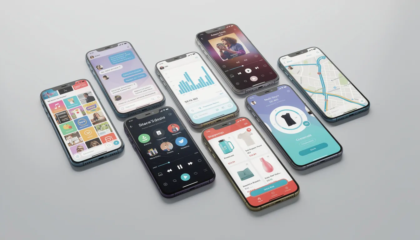 The image shows multiple smartphones, each displaying different mobile applications on their screens, showcasing various user interfaces and features. This highlights the diversity in mobile app development, catering to different user needs and device capabilities across platforms.