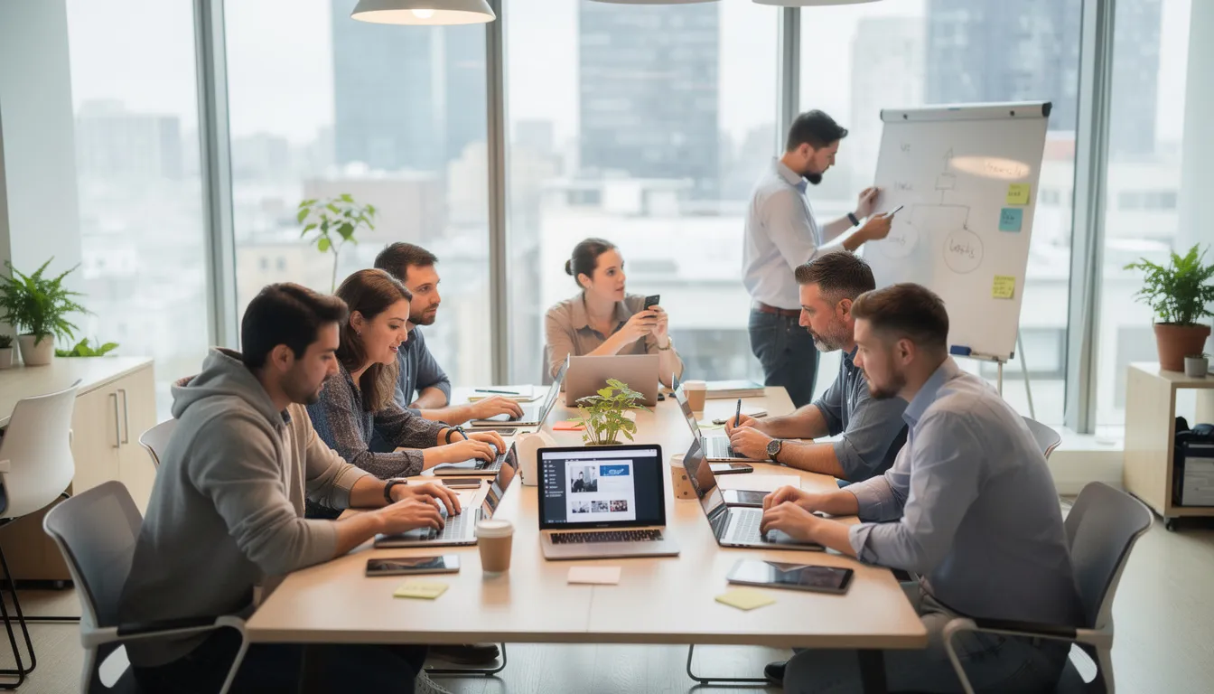 Mobile Software Development Companies 2 The image depicts a diverse team of mobile app developers collaborating around laptops and mobile devices in a modern office setting, showcasing their strong technical expertise and innovative digital solutions. This collaborative environment emphasizes the app development process, essential for delivering high-quality mobile applications for both iOS and Android platforms.