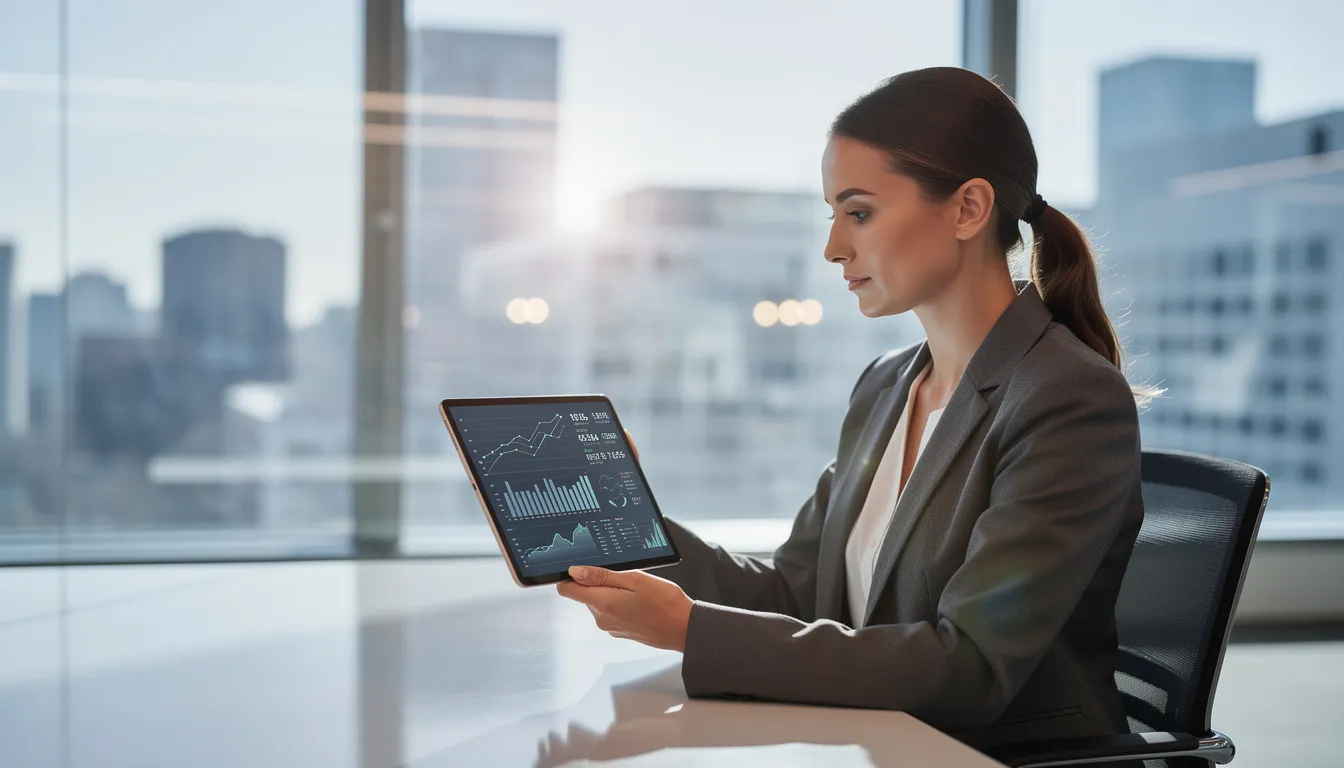 A professional woman is intently reviewing financial data on a tablet device in a sleek, modern office. The scene highlights her engagement with the loan management software, emphasizing the importance of effective loan processing and operational efficiency in the lending business.