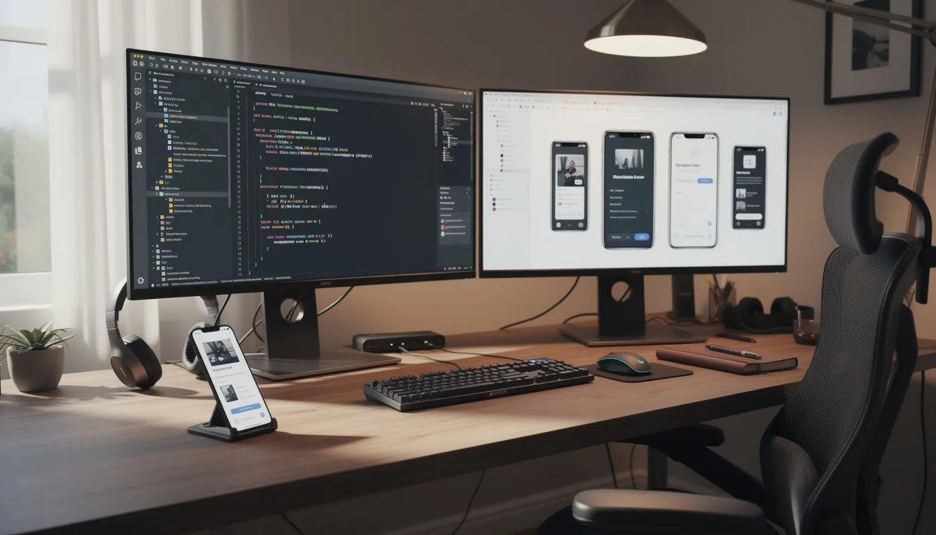The image depicts a developer's workspace featuring multiple monitors displaying lines of code and various mobile app interfaces, illustrating the dynamic environment of a mobile app development company in New York. This setup showcases the advanced technologies and innovative solutions utilized by skilled app developers to create engaging mobile applications.