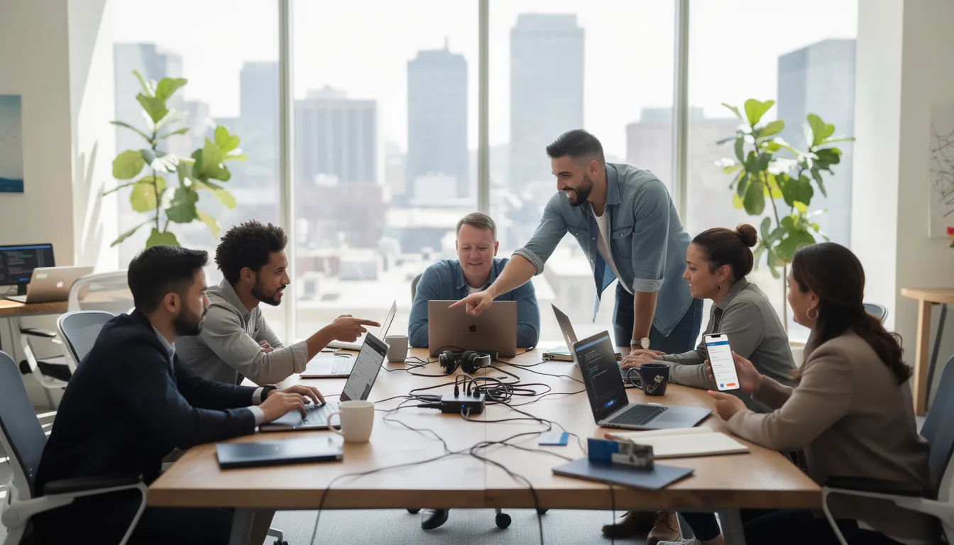 In a modern office setting, a group of skilled mobile app developers collaborates around laptops and mobile devices, discussing their latest app development project. This teamwork highlights the dynamic nature of mobile app development services and the importance of collaboration in creating innovative mobile solutions.