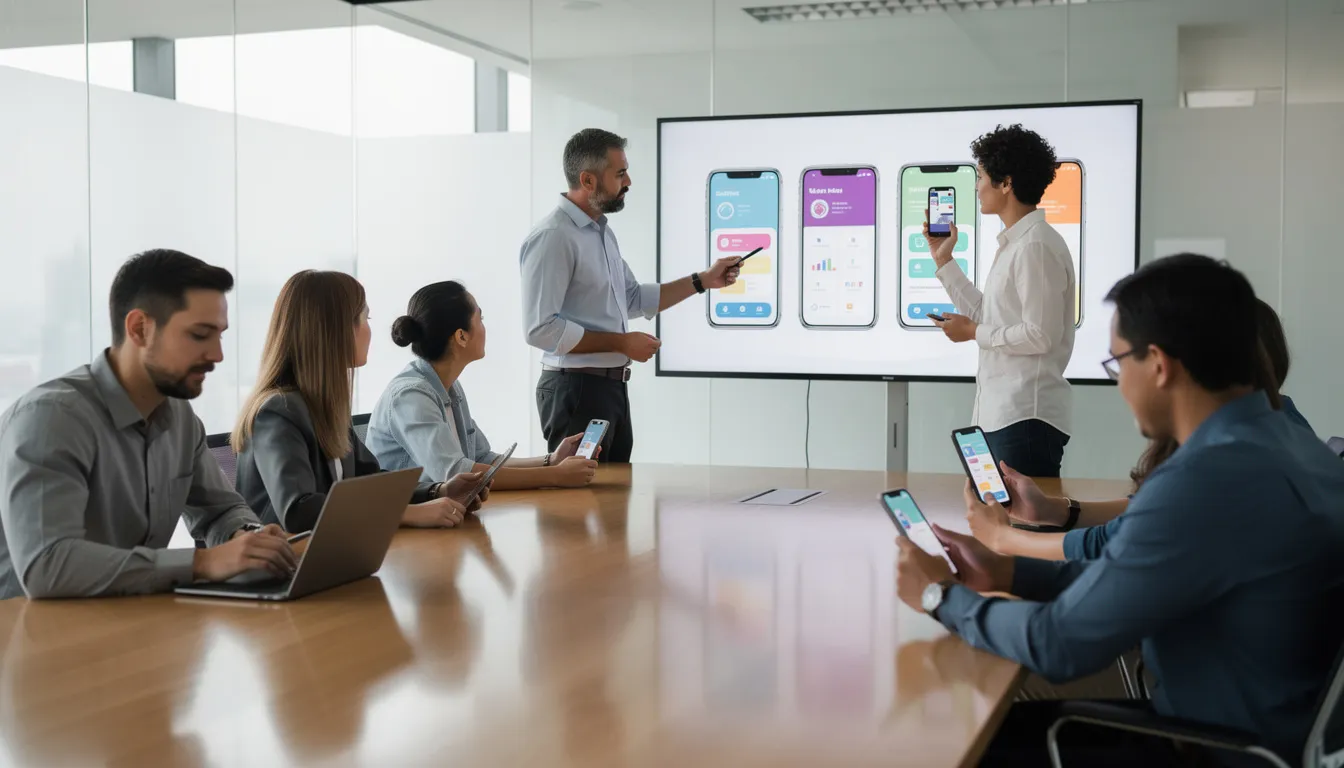 The image shows a development team engaged in a sprint demo meeting, reviewing app screens displayed on mobile devices and a large monitor. The team, consisting of app developers, is collaborating on a mobile app development project, focusing on user interface and client feedback to enhance the app development process.