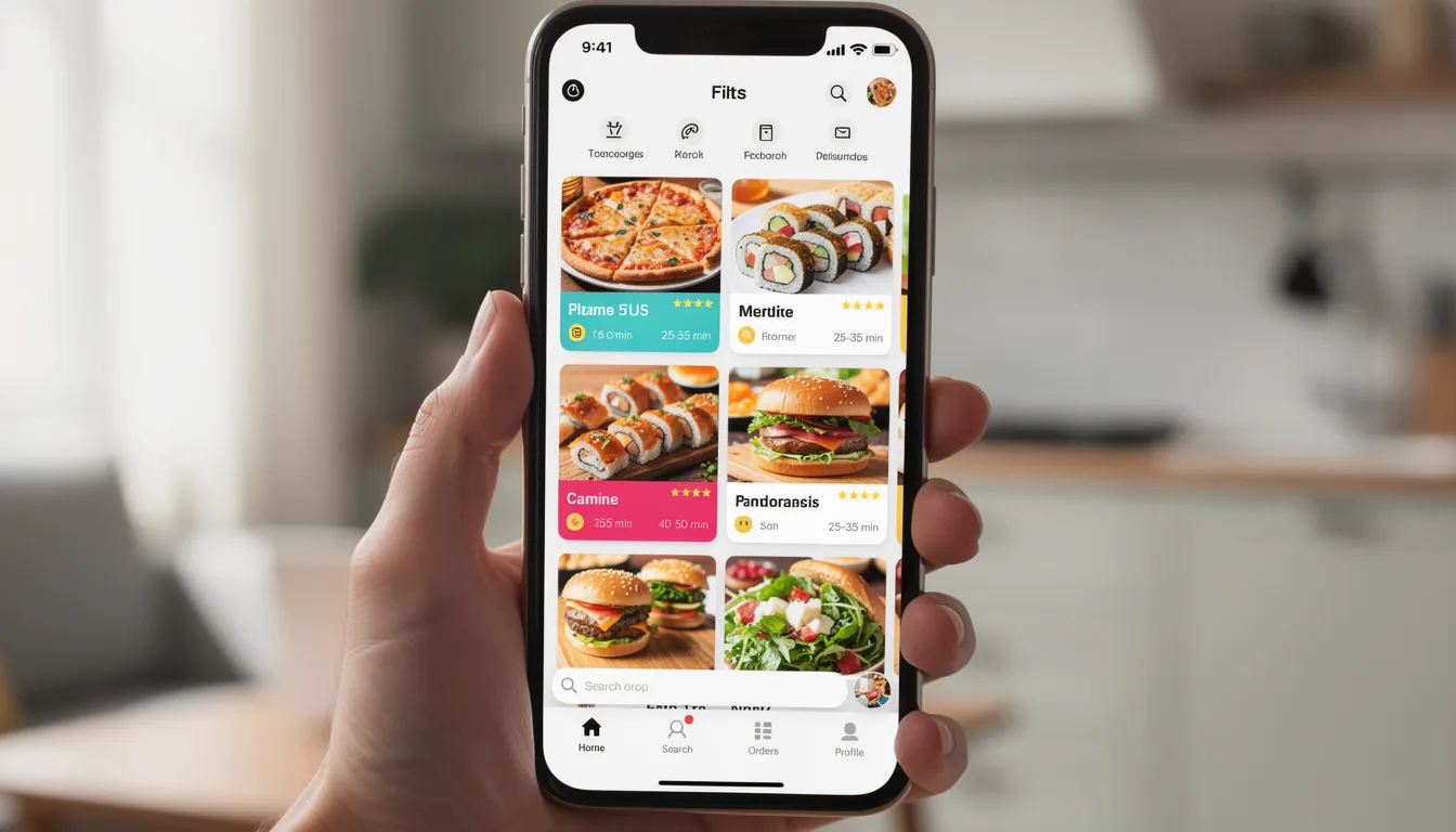 The image depicts a smartphone screen displaying a vibrant food delivery app featuring various local restaurant listings, complete with colorful icons and estimated delivery times. Users can easily navigate to find food options, place orders, and manage delivery fees through this convenient app.