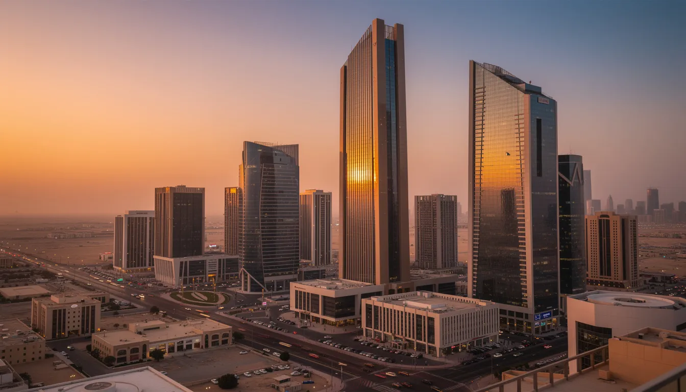 The image showcases the modern skyline of Riyadh at sunset, featuring sleek glass office buildings that reflect the warm golden light of the setting sun. This vibrant scene highlights the architectural beauty of Saudi Arabia, symbolizing the city's growth and innovation, much like a leading mobile app development company in the region.