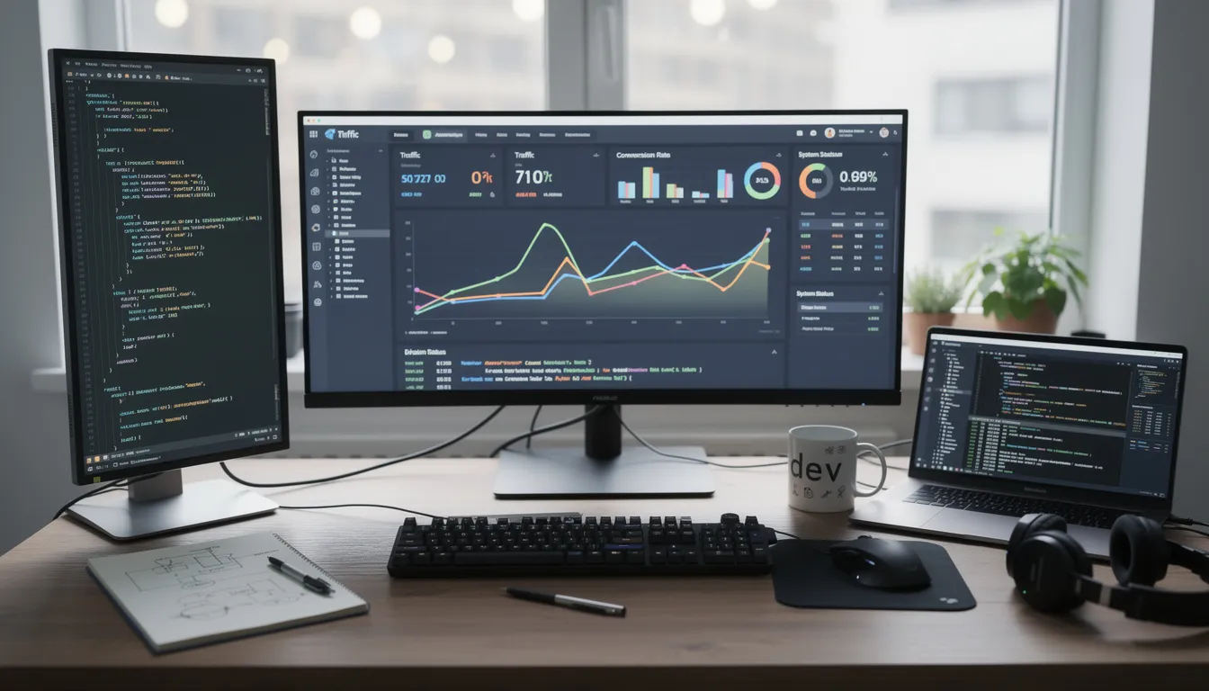 The image depicts a developer's desk with multiple screens displaying analytics dashboards and lines of code, showcasing the mobile app development process. This setup illustrates the technical expertise involved in building feature-rich mobile applications and the importance of data analytics in enhancing user engagement.