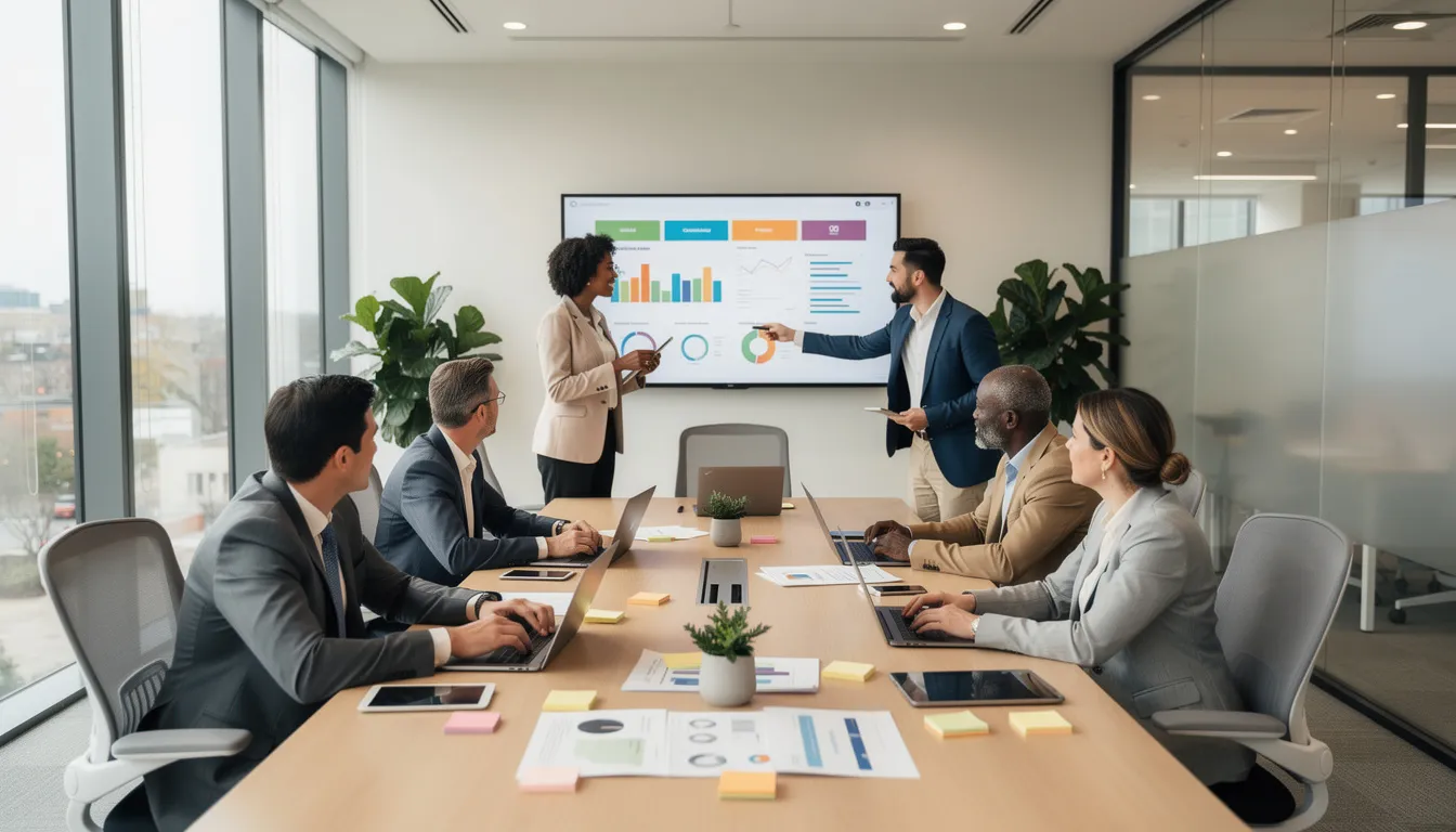 The image depicts a modern office meeting room where a diverse group of team members is actively collaborating on a mobile app development project, utilizing advanced technologies and digital solutions. The atmosphere is focused and dynamic, reflecting the innovative spirit of a mobile app development company in New York.