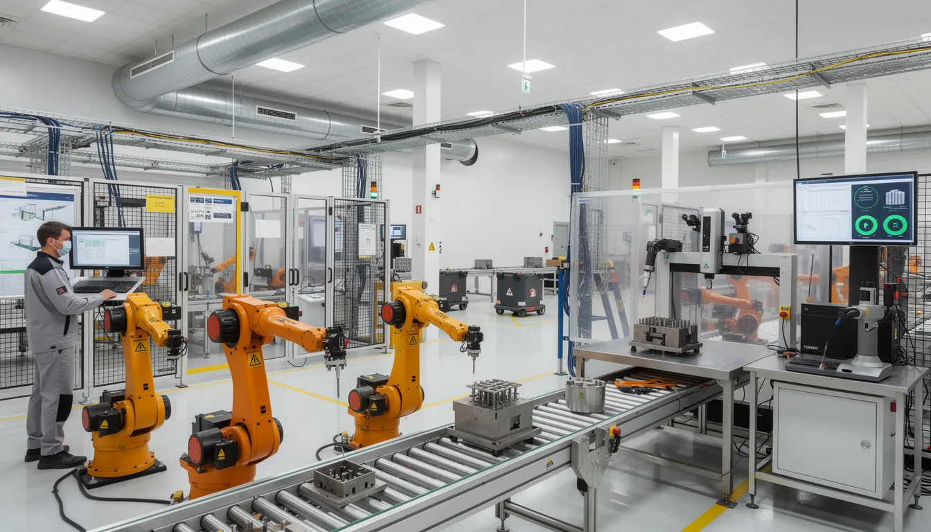 The image depicts an industrial manufacturing floor filled with advanced robotic equipment and quality inspection systems, showcasing the integration of AI technology in business operations. This environment emphasizes the role of artificial intelligence development services in enhancing operational efficiency and improving manufacturing processes.