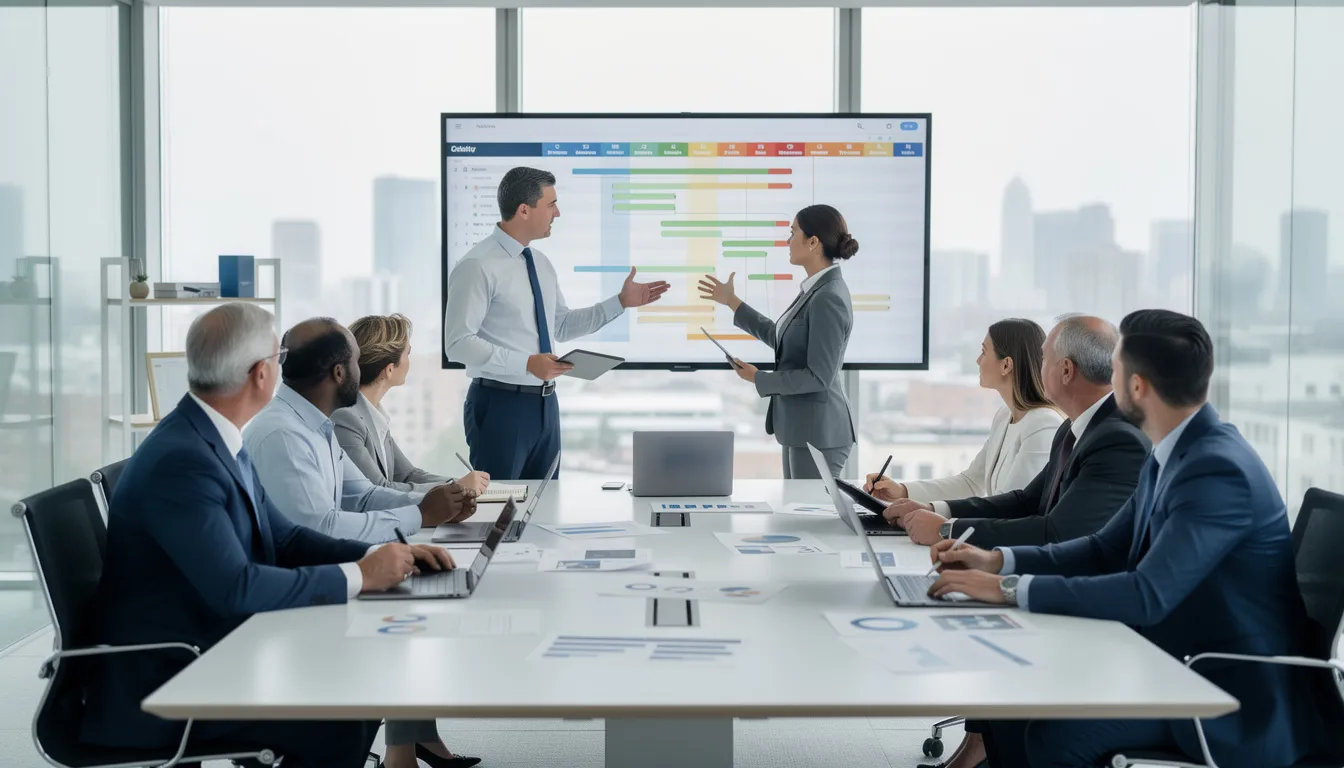 A diverse team of professionals is engaged in a project planning meeting around a large conference table, discussing strategies for developing a loan management software solution tailored for financial institutions. They are focused on enhancing the entire lending process, ensuring operational efficiency, and addressing business objectives related to loan origination and servicing.