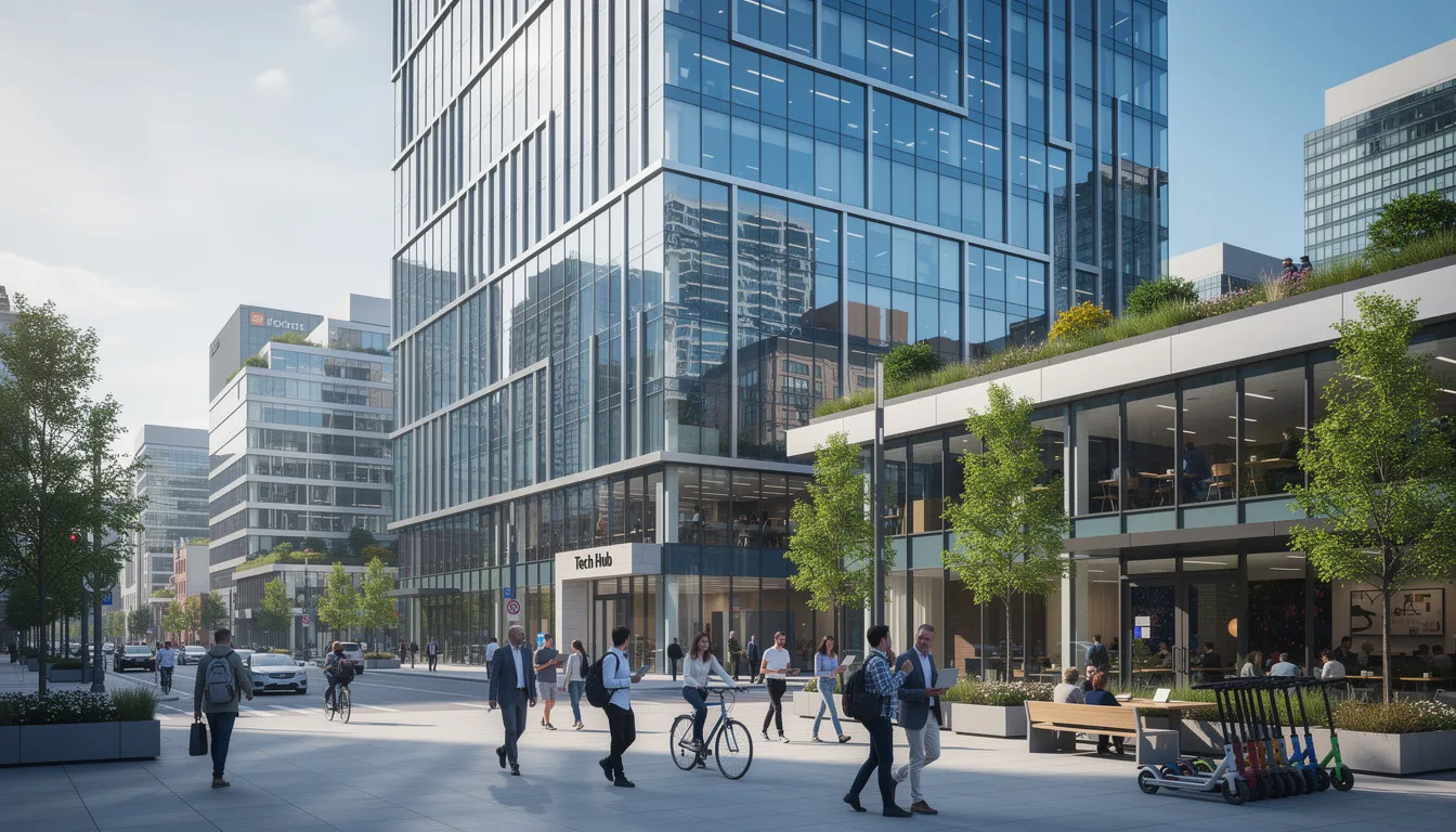 The image depicts a sleek, modern glass office building situated in a vibrant tech district, bustling with people walking outside. This location is likely home to various mobile app development companies, showcasing the dynamic environment of innovation and digital solutions.