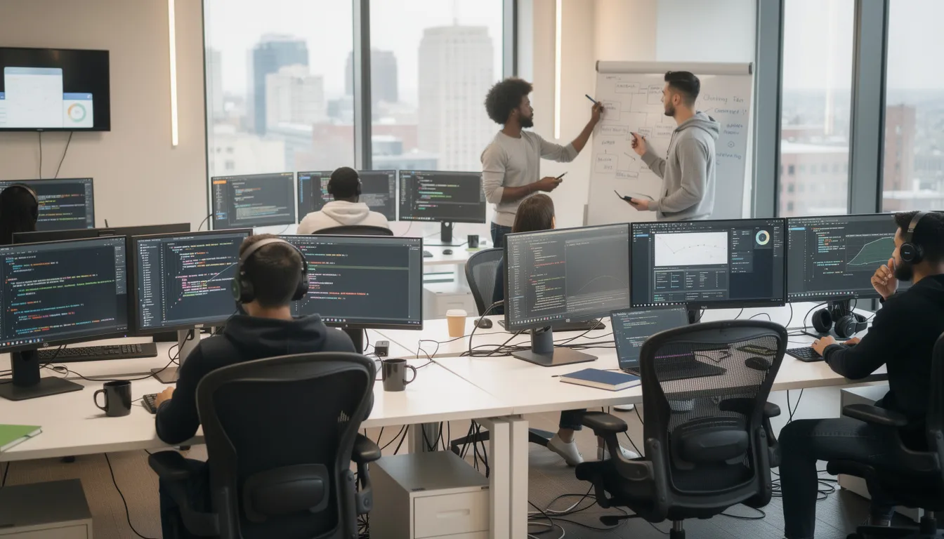 The image depicts a modern office environment where software engineers are collaborating at their workstations, each equipped with multiple monitors displaying various AI development projects. This setting reflects a dynamic workspace focused on artificial intelligence solutions and innovative software development services.