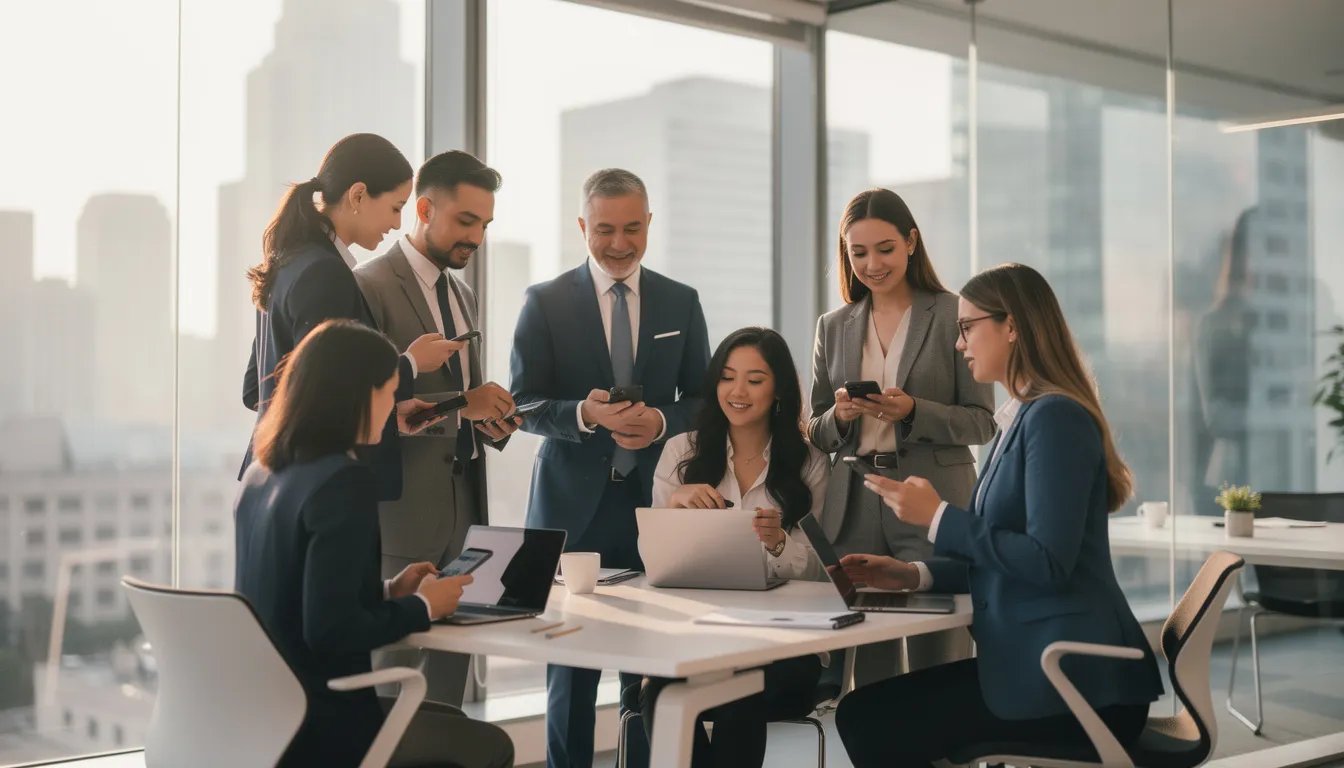 A group of business professionals in a modern office setting are engaged in discussions while examining various mobile devices and tablets. This scene highlights the importance of mobile app development and the collaboration among app developers to drive business growth and innovation.