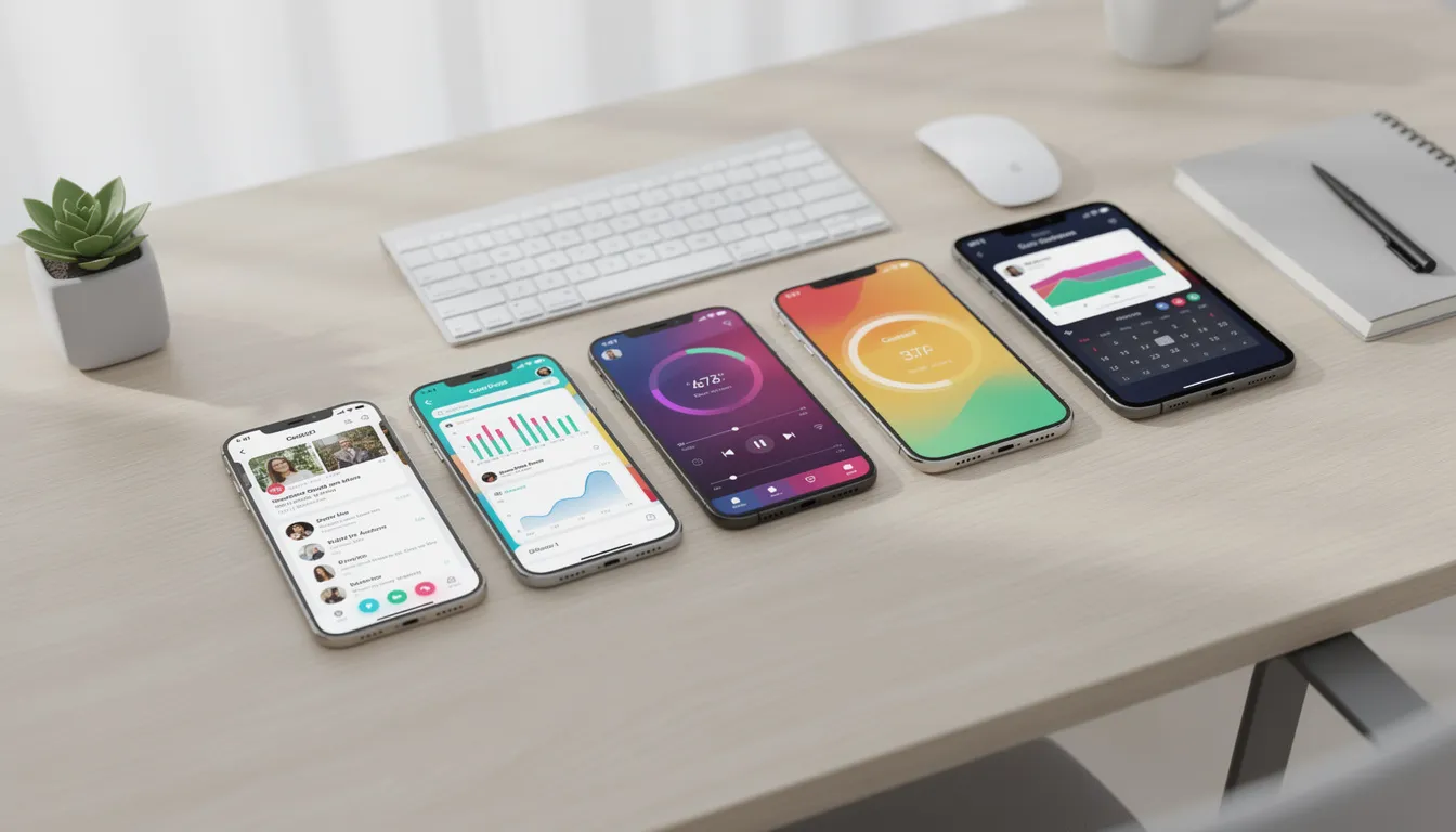 The image features multiple smartphones and tablets arranged on a clean desk, showcasing various colorful mobile app interfaces. This vibrant display highlights the work of mobile app development companies, emphasizing the innovative digital solutions and user engagement offered through custom mobile applications on both iOS and Android platforms.