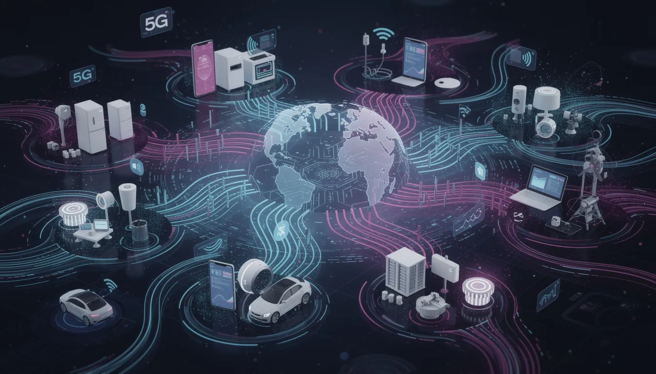 The image depicts an abstract visualization of interconnected devices and vibrant data streams, symbolizing the synergy of IoT and 5G connectivity. This representation highlights the innovative mobile apps and cutting-edge technologies that a mobile app development company might utilize to enhance user engagement and improve operational efficiency.