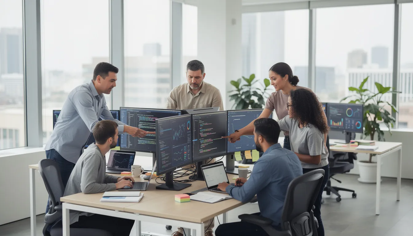 A modern software development team is collaborating in a bright office space, surrounded by multiple monitors displaying various coding and project management tools. This environment fosters innovation and teamwork, essential for developing effective loan management software solutions that enhance the entire lending process.