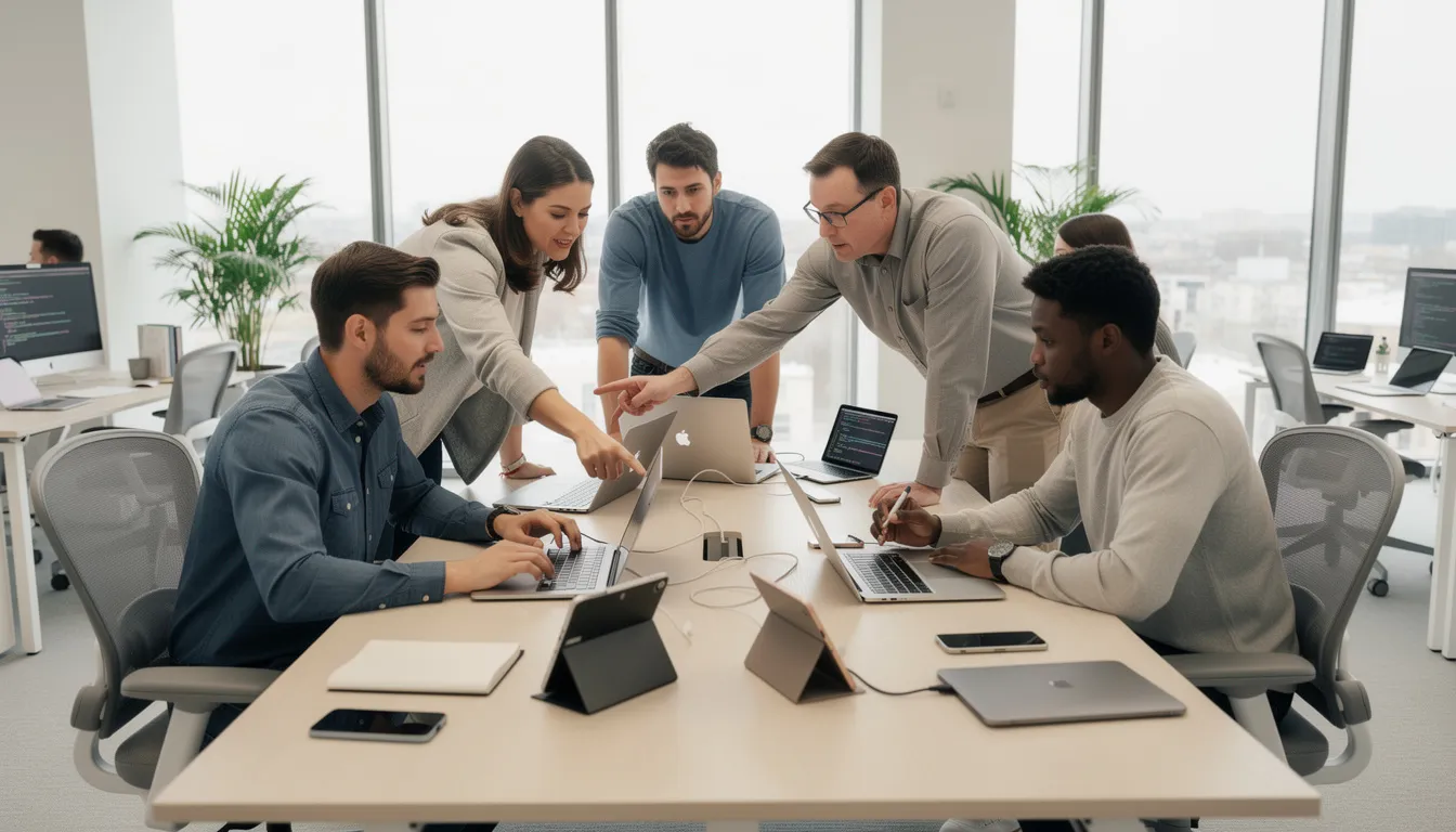 iOS Mobile Development Company 2 A group of developers collaborates in a modern office setting, surrounded by various Apple devices on their desk, showcasing an environment focused on iOS app development. The scene highlights the teamwork and creativity involved in the mobile app development process, emphasizing the use of advanced technology and user engagement strategies.